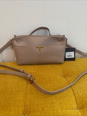 Taupe Pebbled Leather Crossbody Bag with Gold T-Bar Accent Tahari🍀